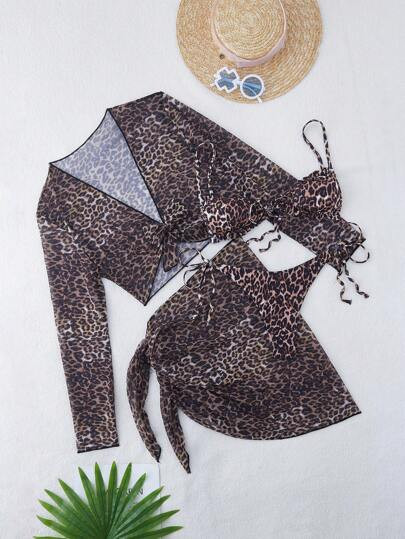 Swim Vcay 4 Pcs/Set Random Print Springbreak Long Sleeve Top, Beach Dress, Tie Side Triangle Crop... | SHEIN