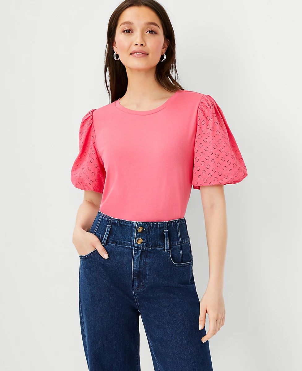 Eyelet Puff Sleeve Pima Cotton Tee | Ann Taylor (US)