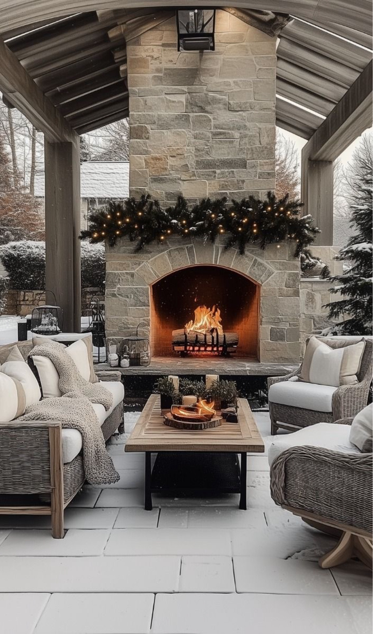 Outdoor Christmas decorations, outdoor dining by fire, Winter wonderland backyard seating area. Cozy Christmas decorations, Holiday cottage. 

#LTKHome #LTKSeasonal #LTKHoliday