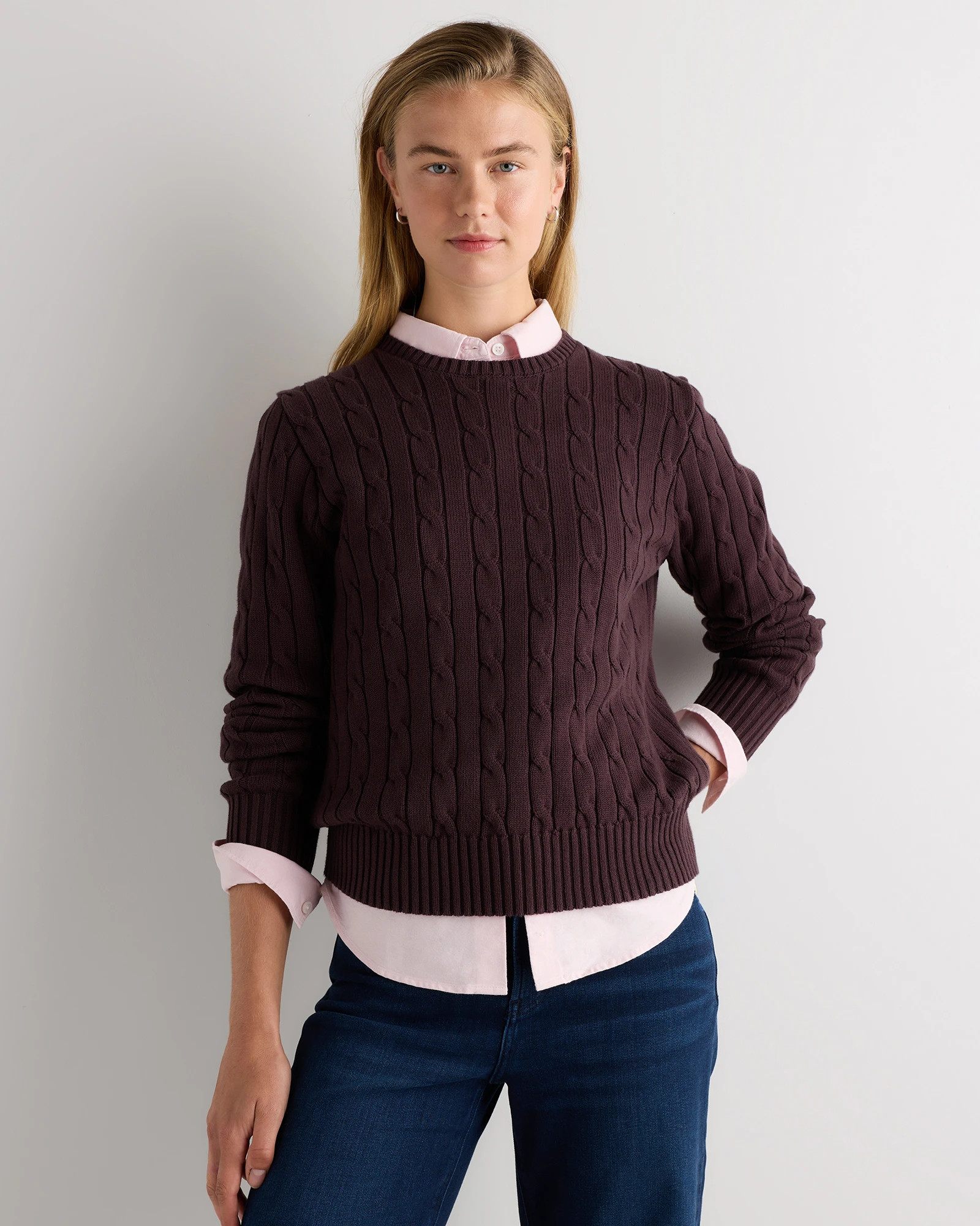Quince | Women's Cable Crewneck Sweater in Shell Pink, Size Medium, Organic Cotton | Quince