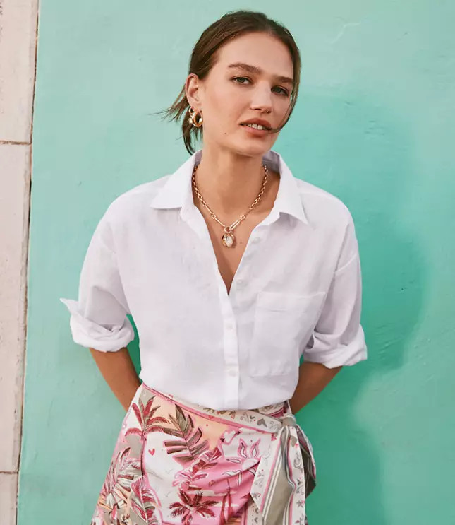 Petite Linen Cotton Everyday Oversized Pocket Shirt | LOFT