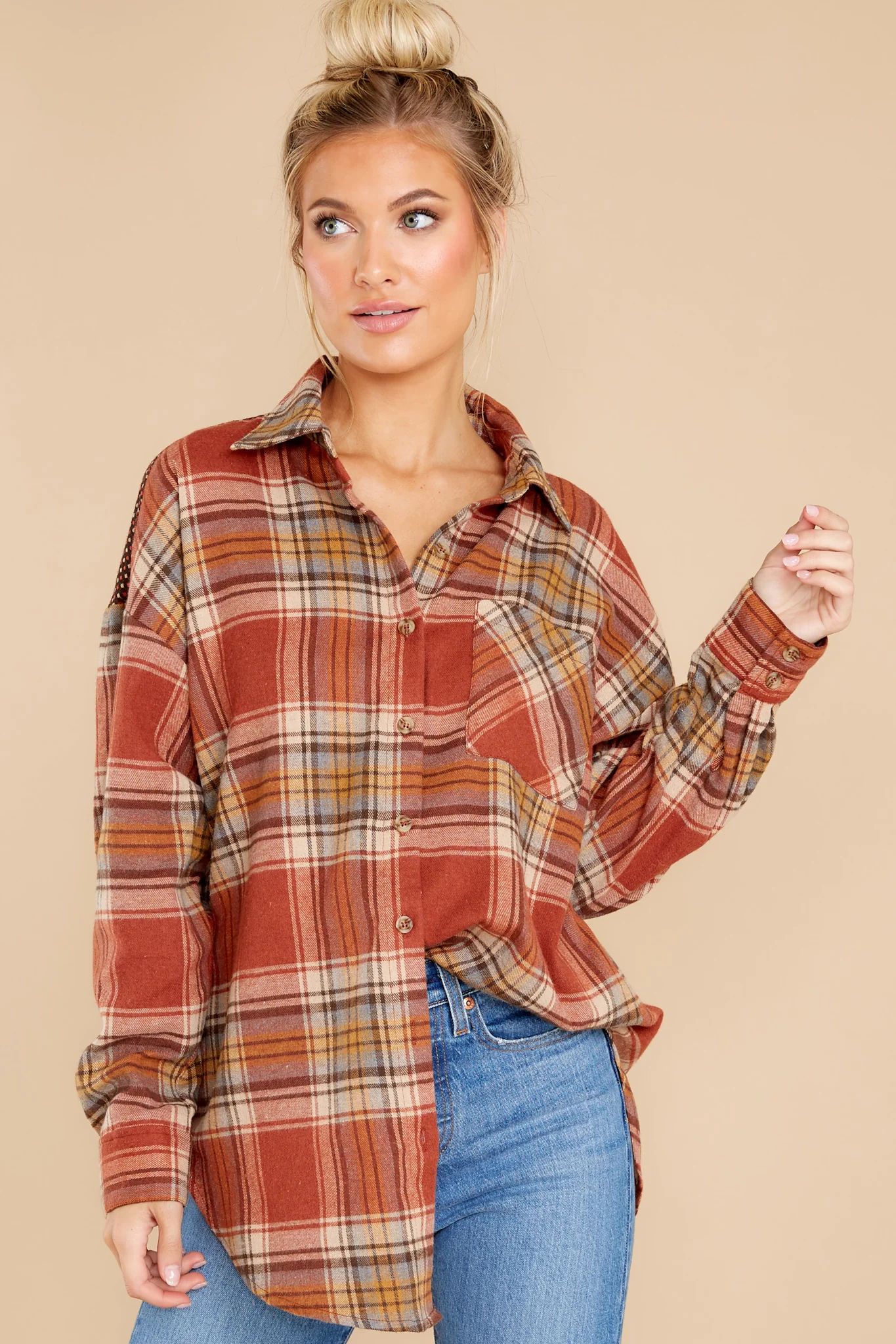 Cheerful Times Rust Multi Plaid Top | Red Dress 