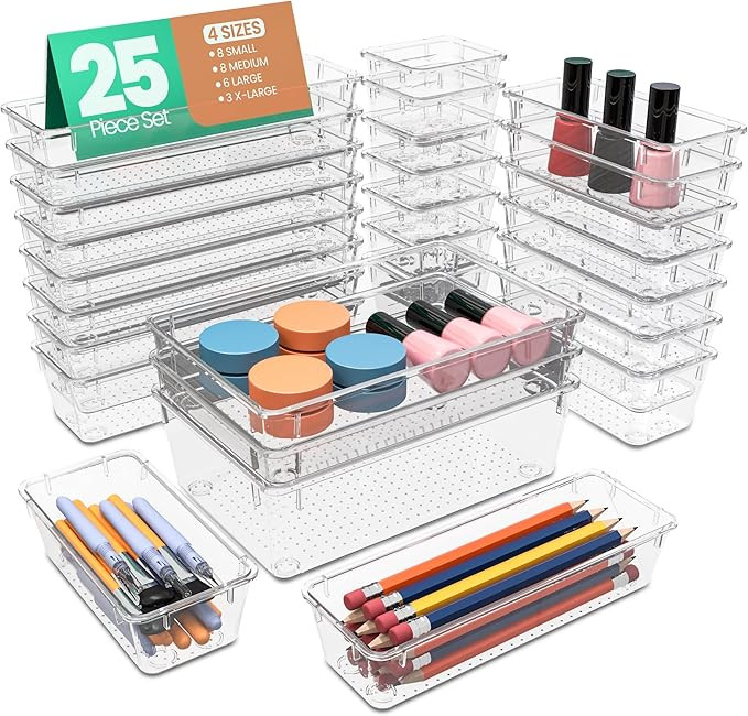 KICHLY Pack of 25 Clear Makeup Drawer Organiser set, Acrylic Organization Plastic Storage Organis... | Amazon (UK)