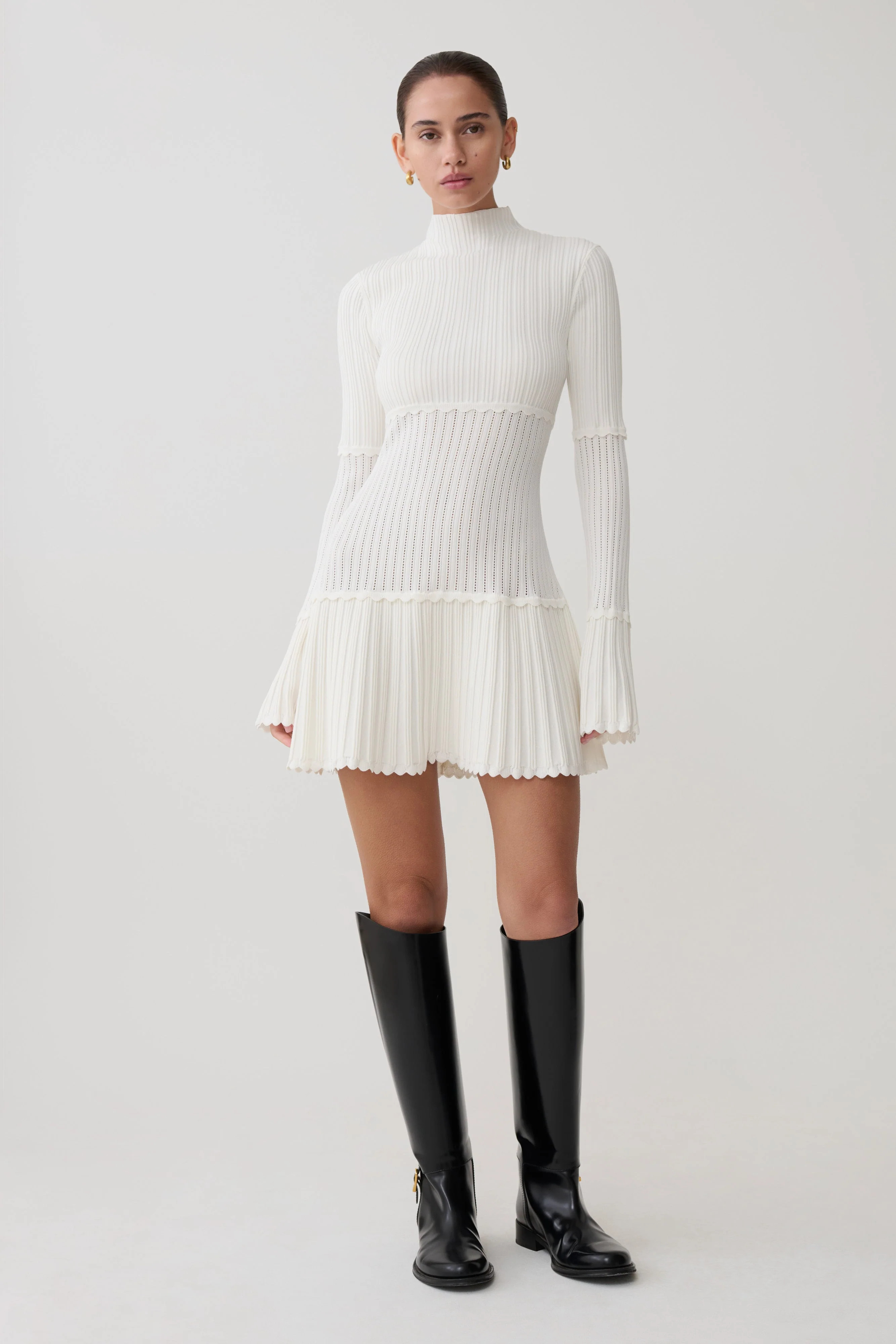 Pointelle Knit Mini Dress - Ivory | MESHKI US