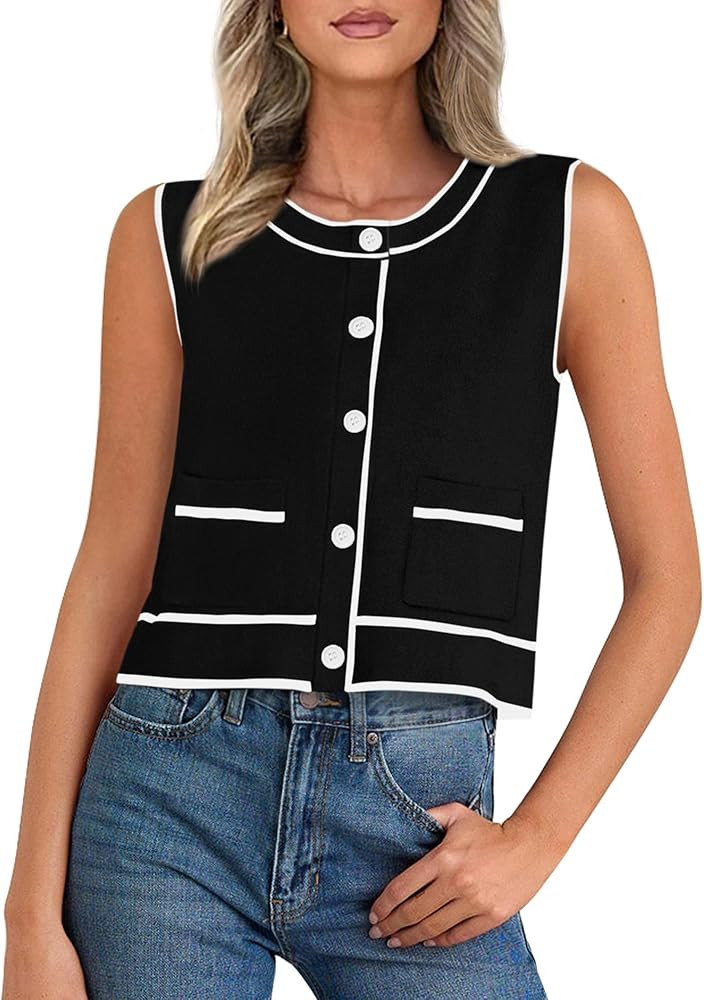 PRETTYGARDEN Vest For Women 2025 Summer Casual Button Down Color Block Sweater Vest Ribbed Knit T... | Amazon (US)