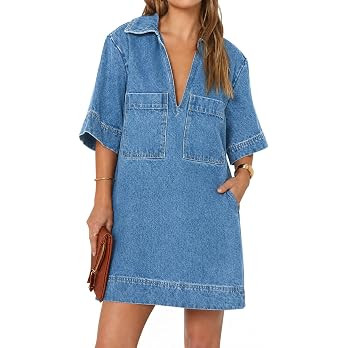 Fisoew Womens Denim Shirt Dress Summer Collared V Neck Mini Casual Jean Dresses with Pockets | Amazon (US)