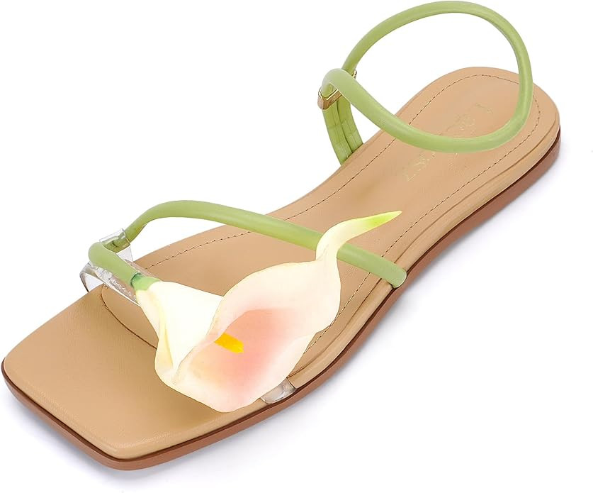 Flower Kitten Heel Sandals for Women Calla Lily Green Heels Square Open Toe Floral Strappy Low He... | Amazon (US)