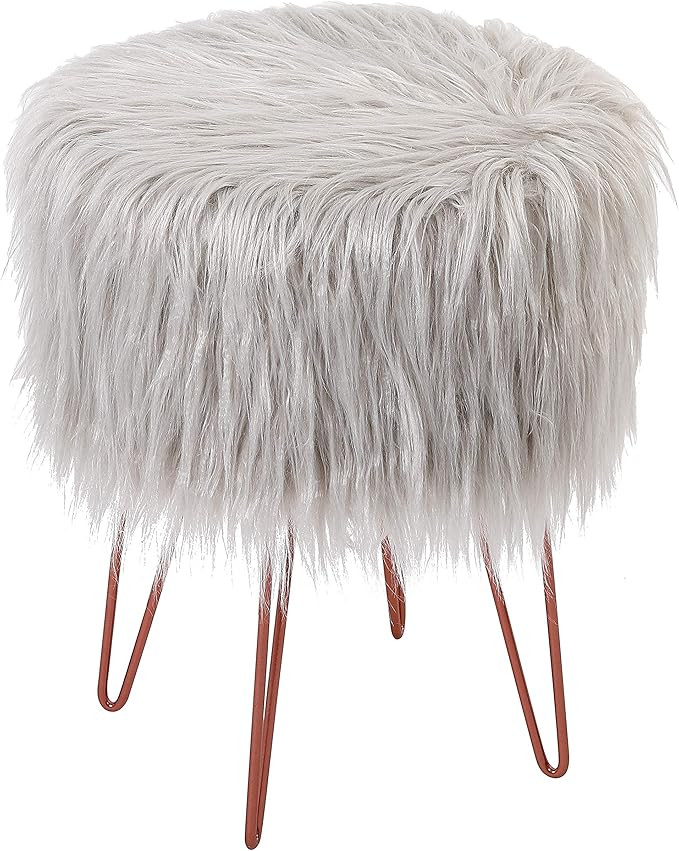 BirdRock Home Silver Faux Fur Vanity Stool Chair – Soft Furry Compact Padded Seat - Vanity, Liv... | Amazon (US)
