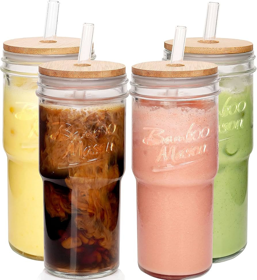 ANOTION Glass Cups with Lids and Straws 4 Packs, 24oz Travel Coffee Mug Wide Mouth Mason Jar Iced... | Amazon (US)