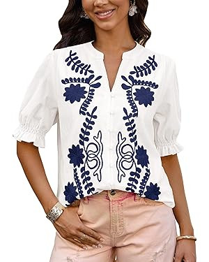 BTFBM Women's 2026 Spring Tops Casual Floral Boho V Neck Puff Short Sleeve Button Down Shirts Emb... | Amazon (US)