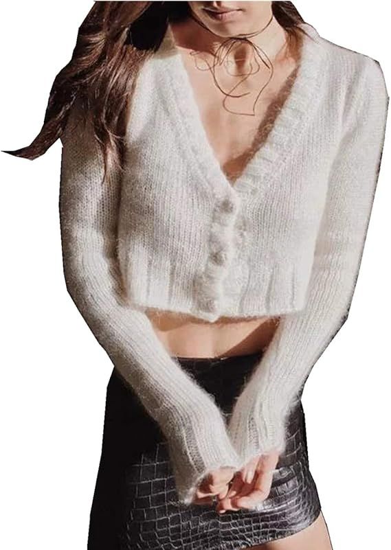 Joeoy Women's Fluffy Mohair Long Sleeve Knit Crop Top Sweater Jumper | Amazon (US)