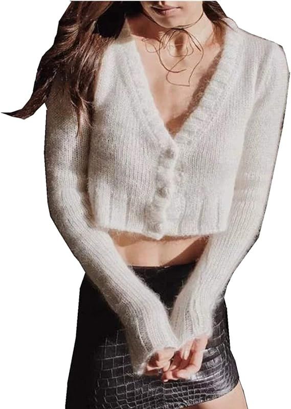 Joeoy Women's Fluffy Mohair Long Sleeve Knit Crop Top Sweater Jumper | Amazon (US)