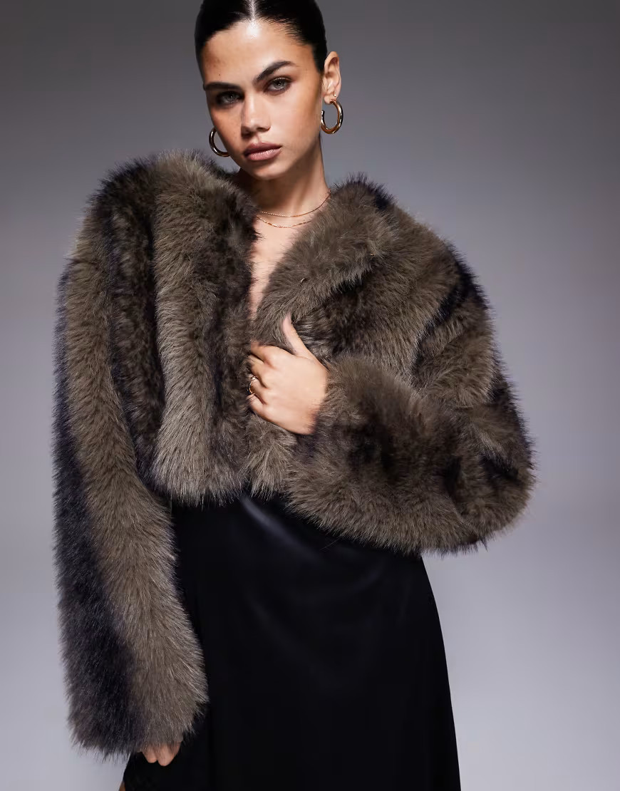Aria Cove cropped faux fur jacket in brown stripe | ASOS (Global)