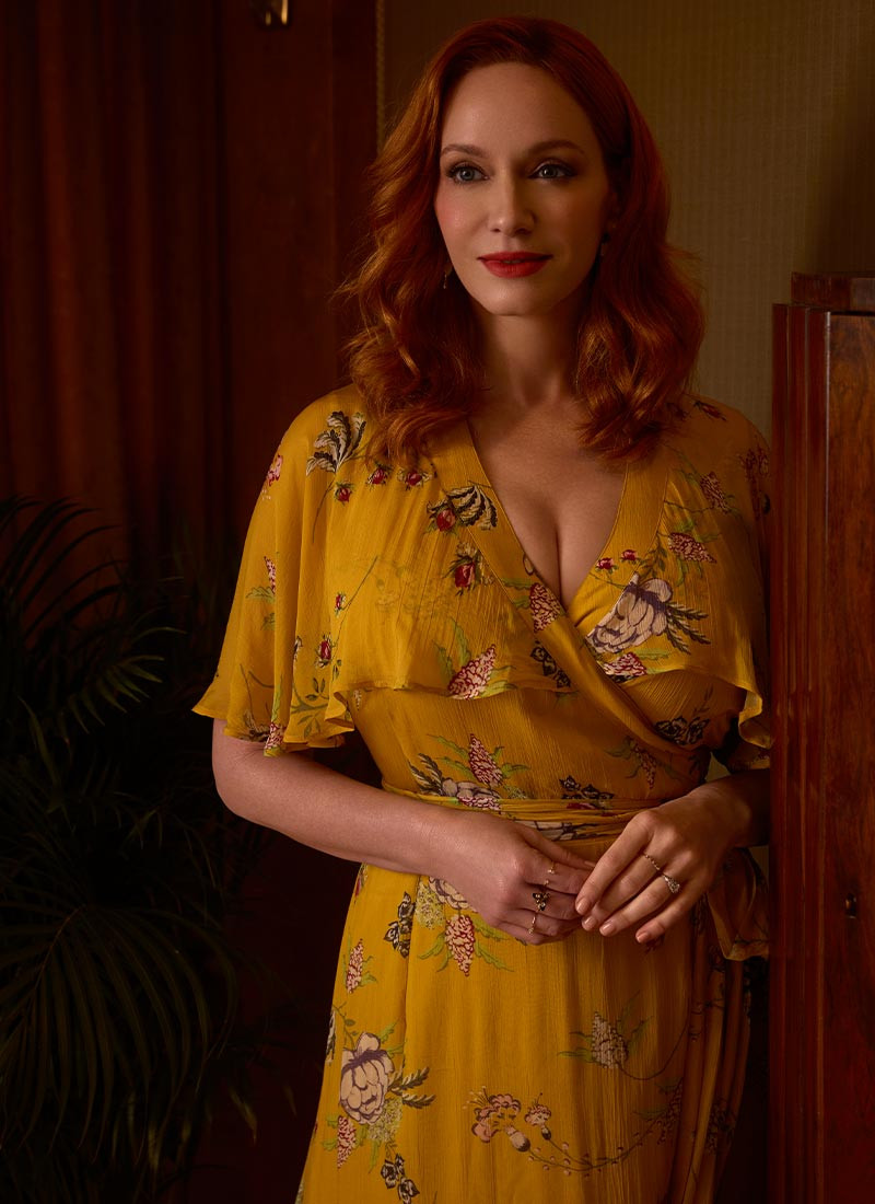 Christina Hendricks X Joanie - Honeysuckle Gold Floral Cape Sleeve Wrap Dress | Joanie