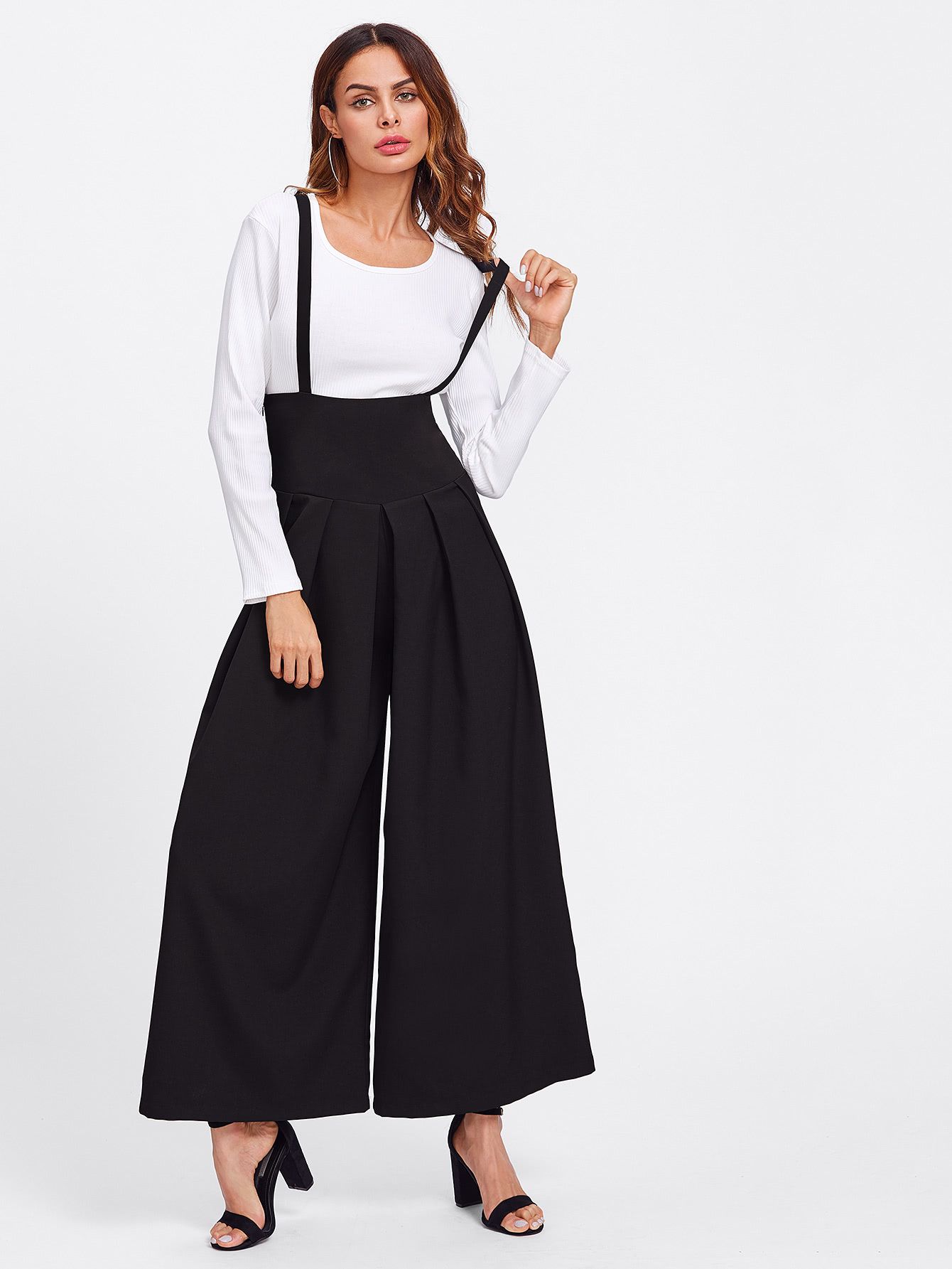 Boxed Pleated Wide Waistband Palazzo Pants With Strap | SHEIN