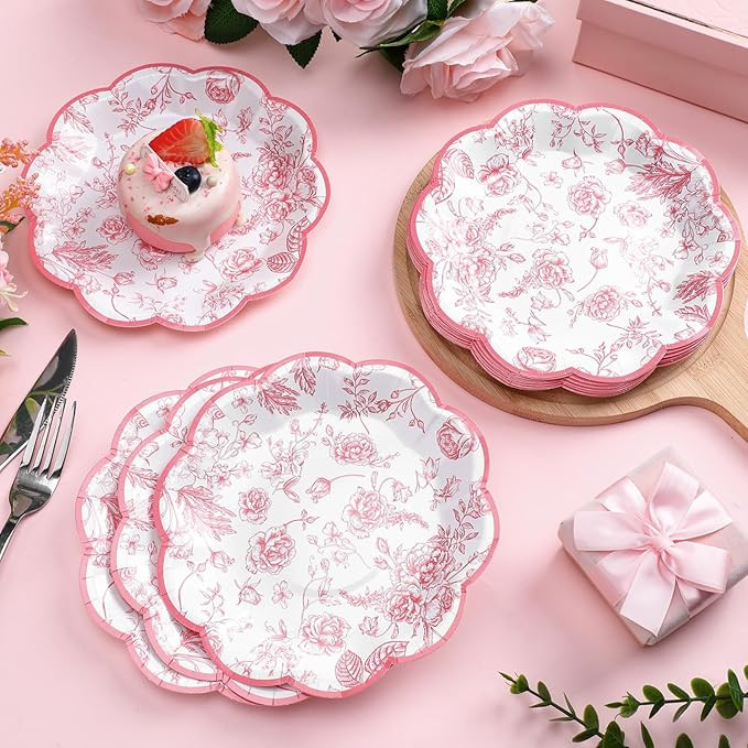 100 Pcs Pink Floral Paper Plates Disposable Dessert Baby bridal Shower Party Supplies Floral Dess... | Amazon (US)