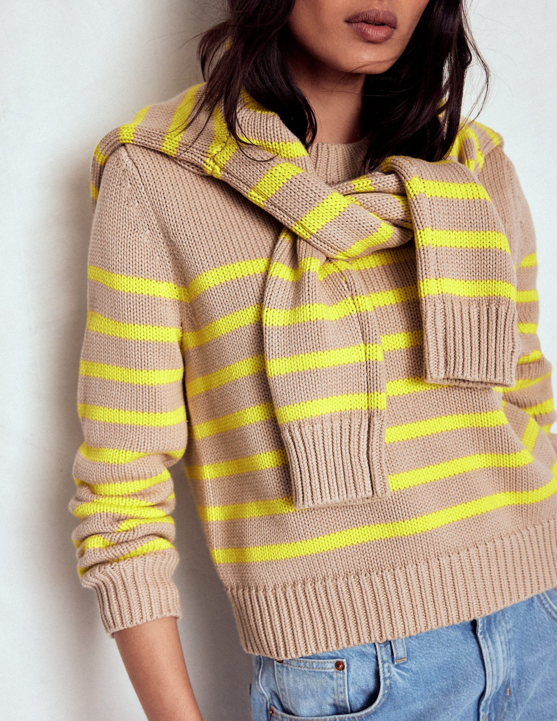 Lucy Chunky Cotton Sweater-Camel Melange, Neon Stripe | Boden (US)