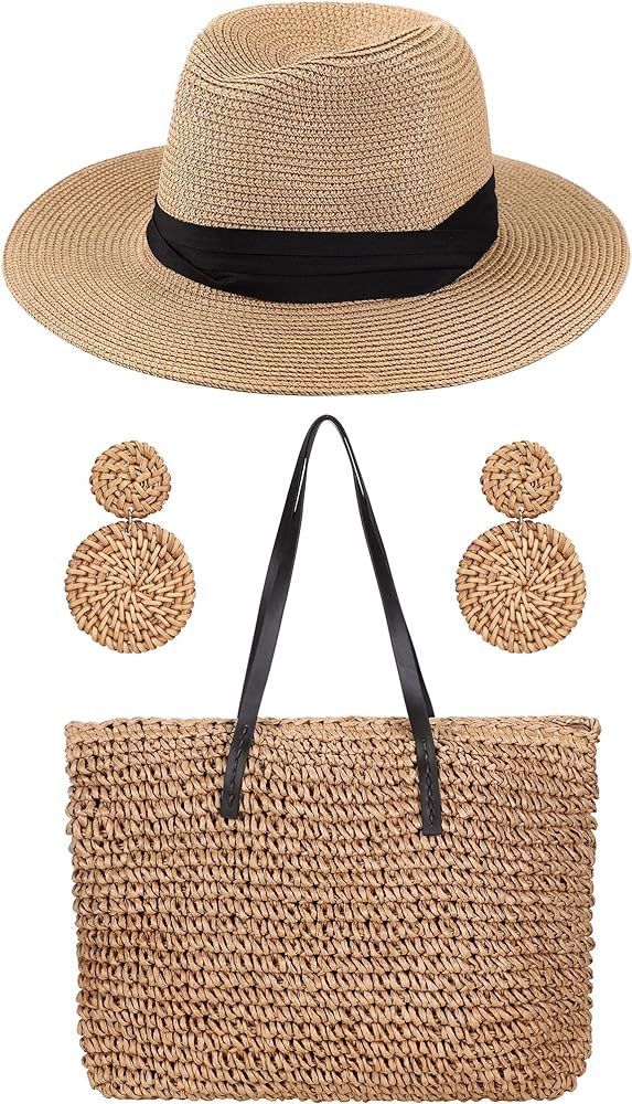 Women's Large Straw Beach Bag Woven Tote, Wide Brim Straw Fedora Hat, Rattan Earrings Set, Handma... | Amazon (US)