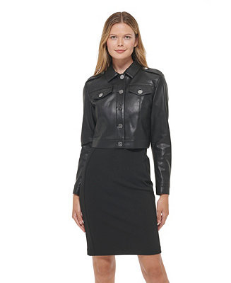DKNY Women's Long Sleeve Button Down Faux Leather Jacket - Macy's | Macy's