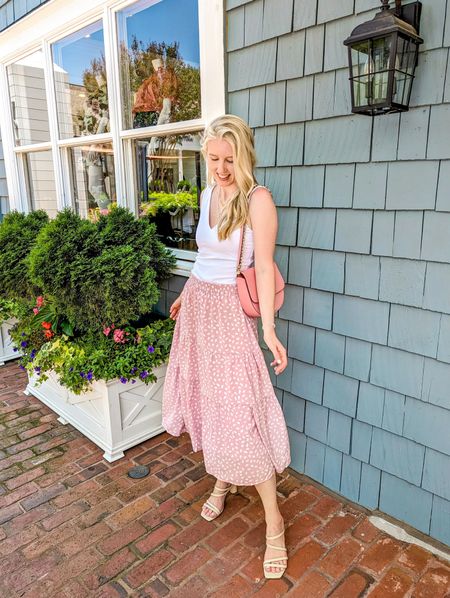 Ready for spring outfits. 🩷 White v-neck body contour tank top, mauve pink maxi skirt with white dots, beige strappy sandals.

#LTKSeasonal #LTKfindsunder50 #LTKfindsunder100
