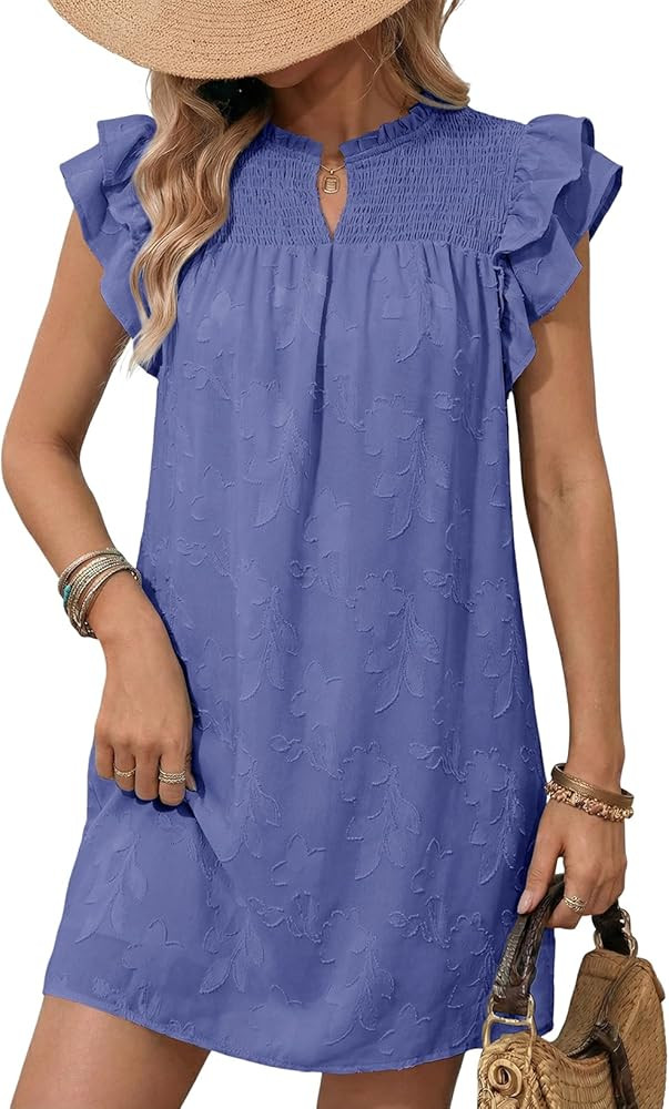 Dokotoo Womens Summer Dresses 2026 Ruffle Short Sleeve Casual V Neck Smocked Floral Burnout Mini ... | Amazon (US)