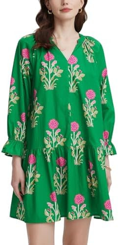 Women's Casual V Neck Boho Floral Mini Dress Puff Long Sleeve Ruffle Flowy Tunic Short Dress | Amazon (US)