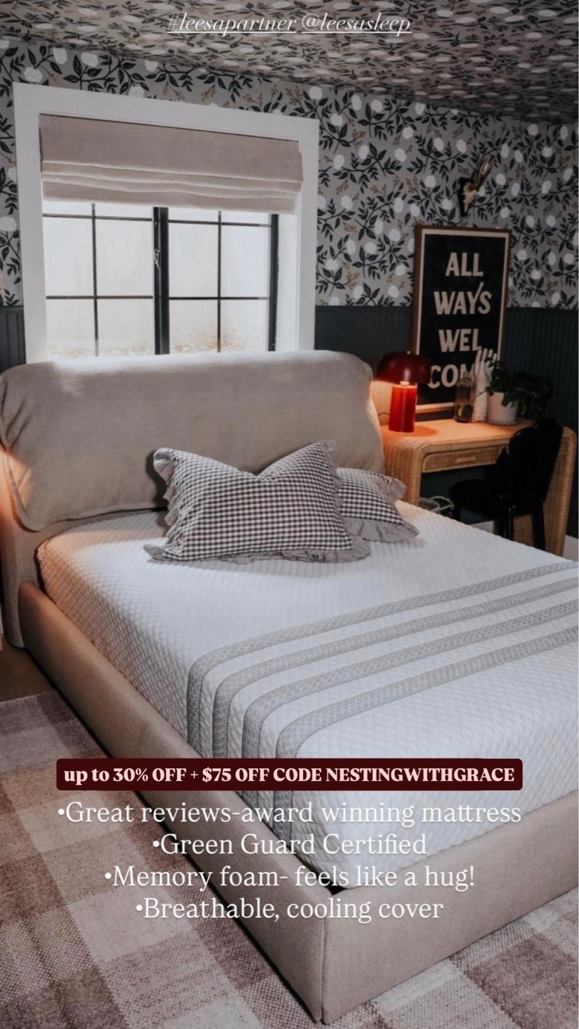 Up to 30% off for Labor Day
NESTINGWITHGRACE for extra $75 off

#leesapartner @leesasleep