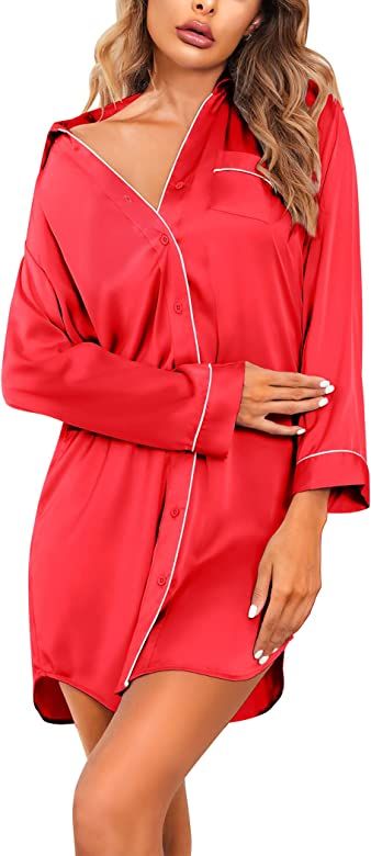 Ekouaer Women's Long Sleeve Satin Sleepshirt Button Down Nightgowns Silk Nightshirt Pajama Top Sl... | Amazon (US)