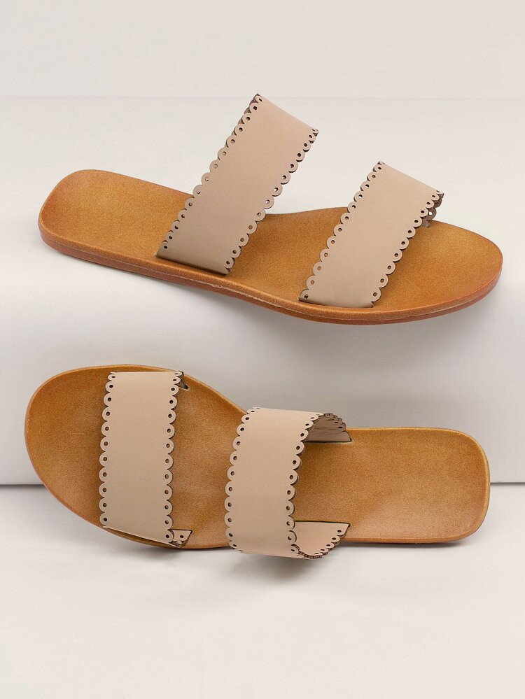 Scalloped Edge Double Band Flat Slide Sandals | SHEIN