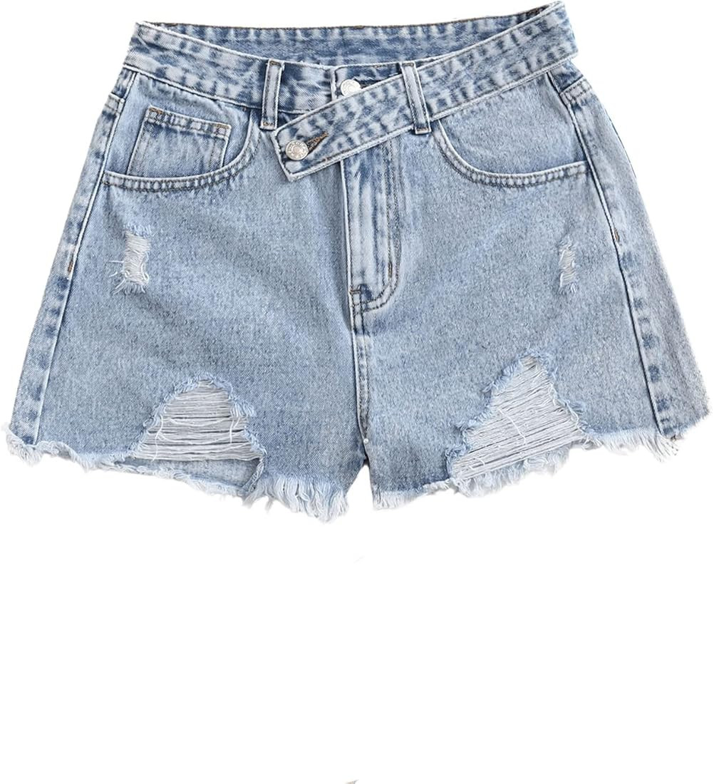 SweatyRocks Women's Casual High Waist Raw Hem Ripped Denim Jean Shorts with Pocket | Amazon (US)