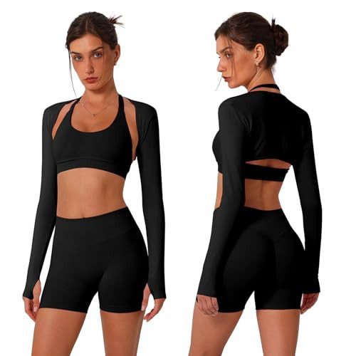 ABOCIW Workout Sets for Women 3 Piece Seamless Halter Sports Bra Scrunch Butt Lifting High Waist Biker Shorts Long Sleeve Bolero Shrug Gym Sets Yoga Pilates Outfits Black Small | Amazon (US)