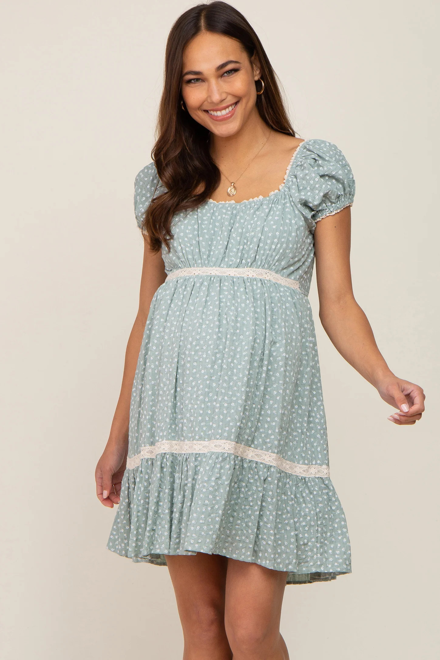 Mint Green Floral Lace Accent Maternity Dress | PinkBlush Maternity