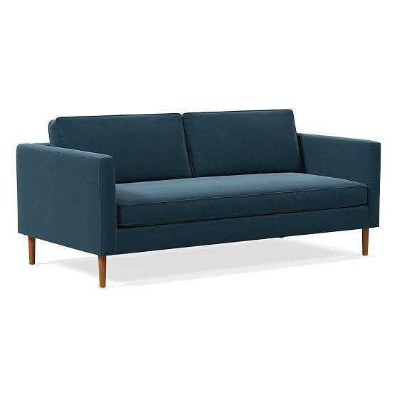 Harris Loft 76"" Sofa, Poly, Performance Velvet, Lagoon, Pecan | West Elm (US)