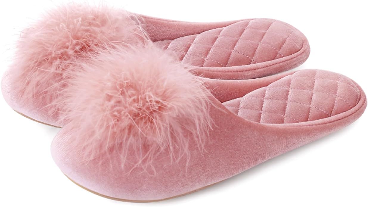 Evshine Fuzzy Feather Slippers for Women Fluffy Pom Pom Bedroom Slippers Sexy Memory Foam House S... | Amazon (US)