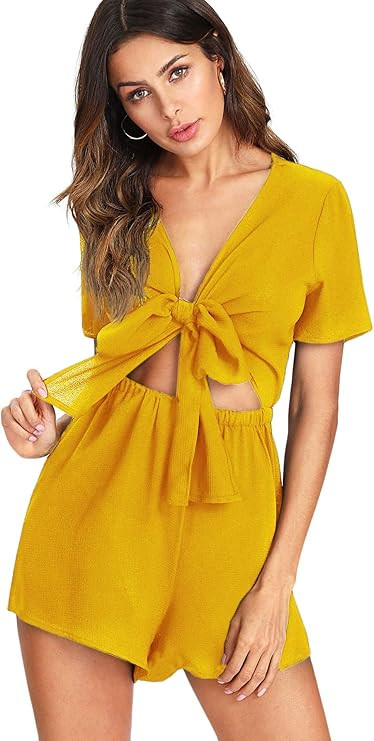SweatyRocks Women's Sexy V Neck Self Tie Front Short Romper Jumpsuit Playsuit | Amazon (US)