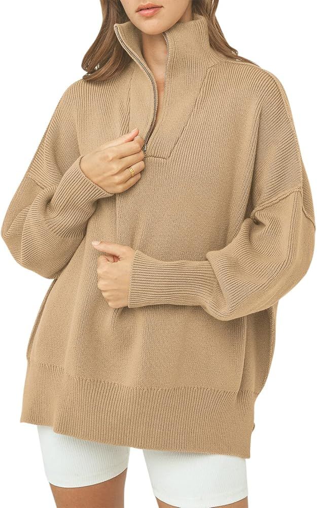 Famulily Womens Sweaters 1/4 Zipper Collar Turtleneck Long Sleeve Solid Side Split Hem Oversized ... | Amazon (CA)