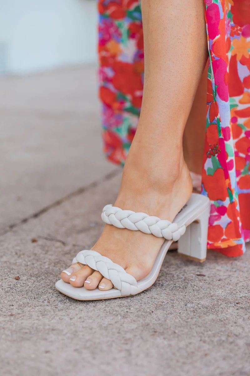 Hallie White Double Braided Block Heels | The Pink Lily Boutique