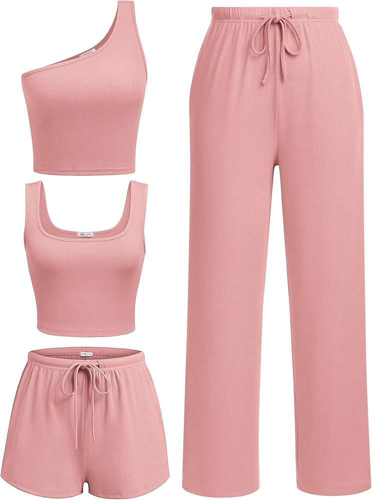 Ekouaer Womens 4 Piece Lounge Sets Ribbed Knit Crop Tank Top and Shorts Pants Casual Outfits | Amazon (US)