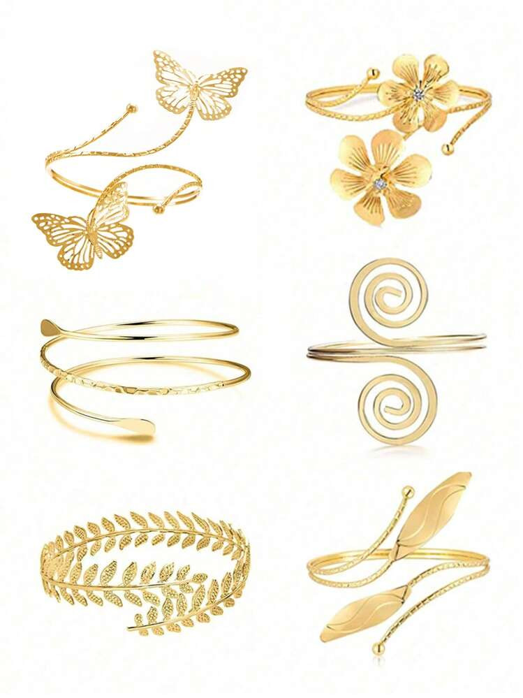 6pcs Exaggerated Leaf, Butterfly, Floral & Geometric Metal Bangle Bracelet Set | SHEIN