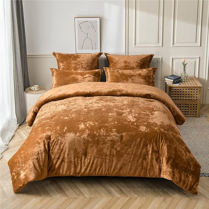 Fredsure Distressed Velvet Comforter Set, 5 Pieces Gold Caramel Queen, Distressed Velvet Face and... | Amazon (US)
