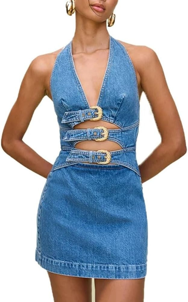 Women Deep V Neck Backless Denim Mini Dress with Buckle Detail Sleeveless Trendy Summer Streetwea... | Amazon (US)