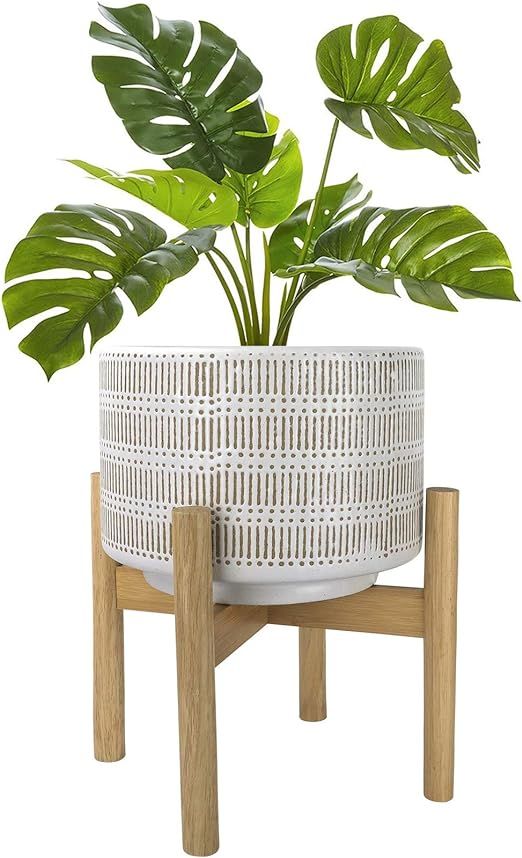 Large Ceramic Plant Pot with Stand - 9.4 Inch Boho Cylinder Indoor Planter with Drainage Hole for... | Amazon (US)