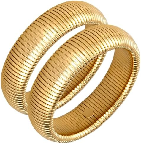 Gold Bangle Bracelets for Women Chunky Stretch Bracelet Set Stackable Bangles 14K Gold Plated Sta... | Amazon (US)
