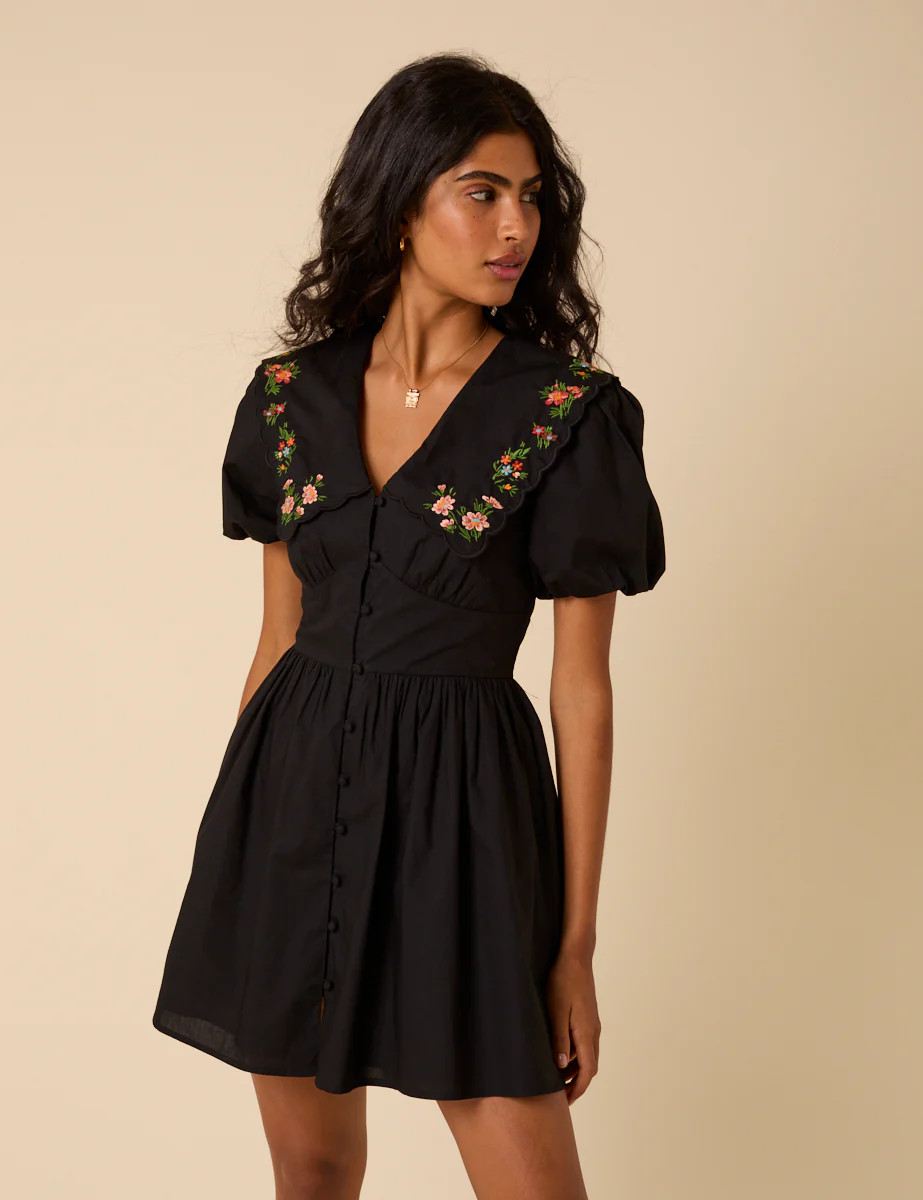 Black Floral Embroidered Birdie Mini Dress | Nobody's Child