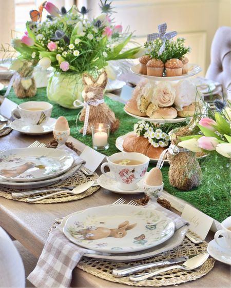 Spring table, Easter Tablescape, dinnerware, Easter/spring tablescape
Easter table, Easter inspo, Easter inspiration, bunnies, florals, flowers, woven textures, spring tablescape, Easter decor, Spring decor, pottery barn, Amazon, Target, gingham ribbon, napkins, moss runner, table runner, placemats, woven placemats, wooden eggs

#Easter 

#LTKSeasonal #LTKfamily #LTKhome