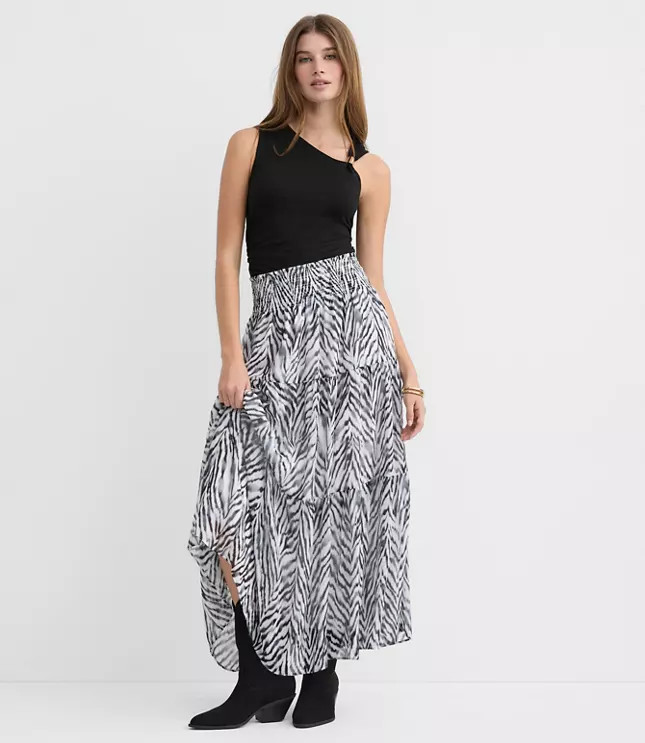 Zebra Print Ruffle Smocked Maxi Skirt | LOFT