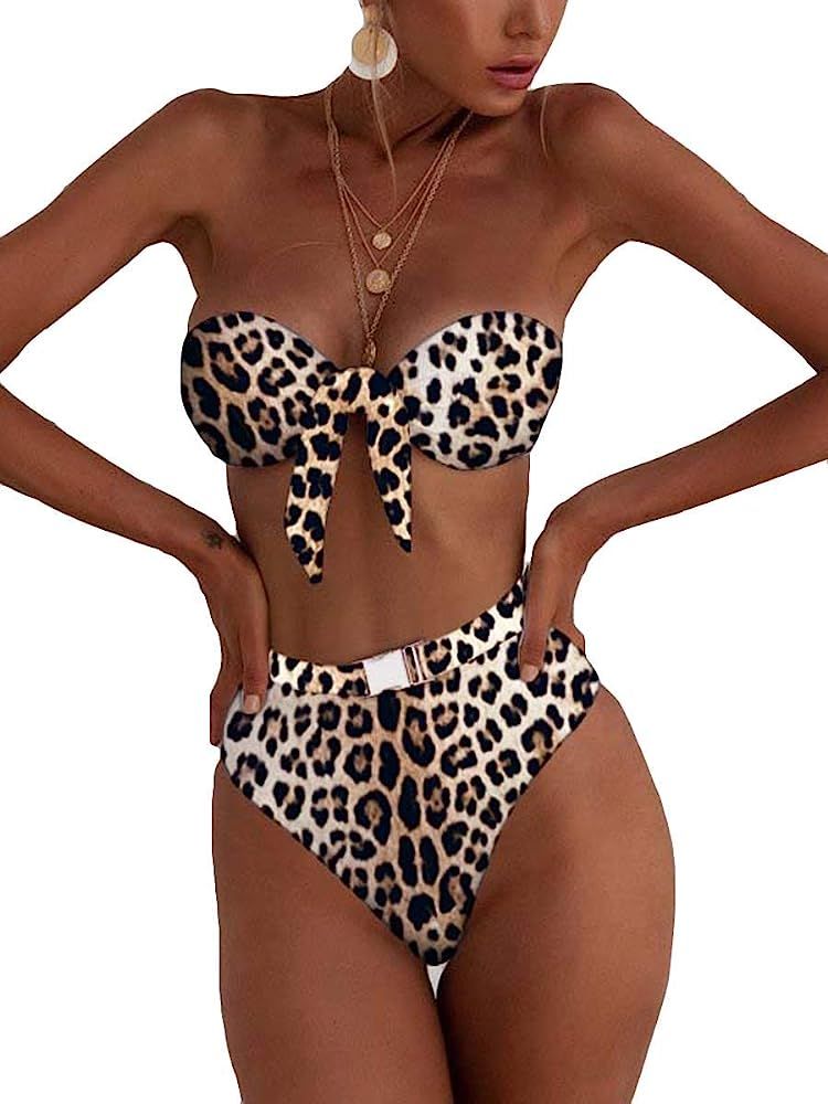 Womens Two Piece Swimsuits Sexy Tie Knot Front Buckled High Waisted Bikini Sets Swimwear | Amazon (US)