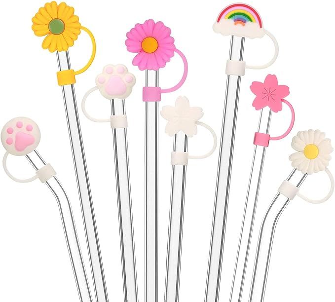 8 Pieces Silicone Straw Tips Cover Reusable Drinking Straw Lids Sunflower Cherry Blossom Rainbow... | Amazon (US)