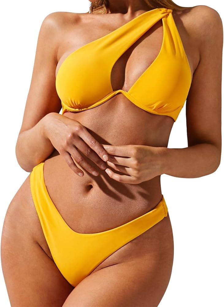 ZAFUL Women's Sexy Cutout One Shoulder Bikini Underwire Padded Bathing Suit Cheeky Thong Brazilia... | Amazon (US)