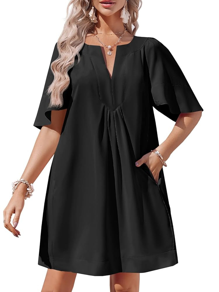 Wenrine Womens Flutter Short Sleeve Mini Dress Casual V Neck Loose Flowy Summer Dresses | Amazon (US)